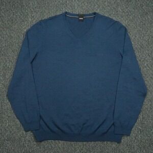 Hugo Boss Sweater Men XXL Blue Italian Yarn‎ Wool Long Sleeve V Neck 2XL